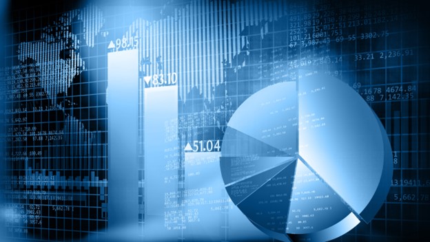 Blue-themed global financial data charts with bar graphs and pie charts, representing the use of big data in financial analytics and reporting.