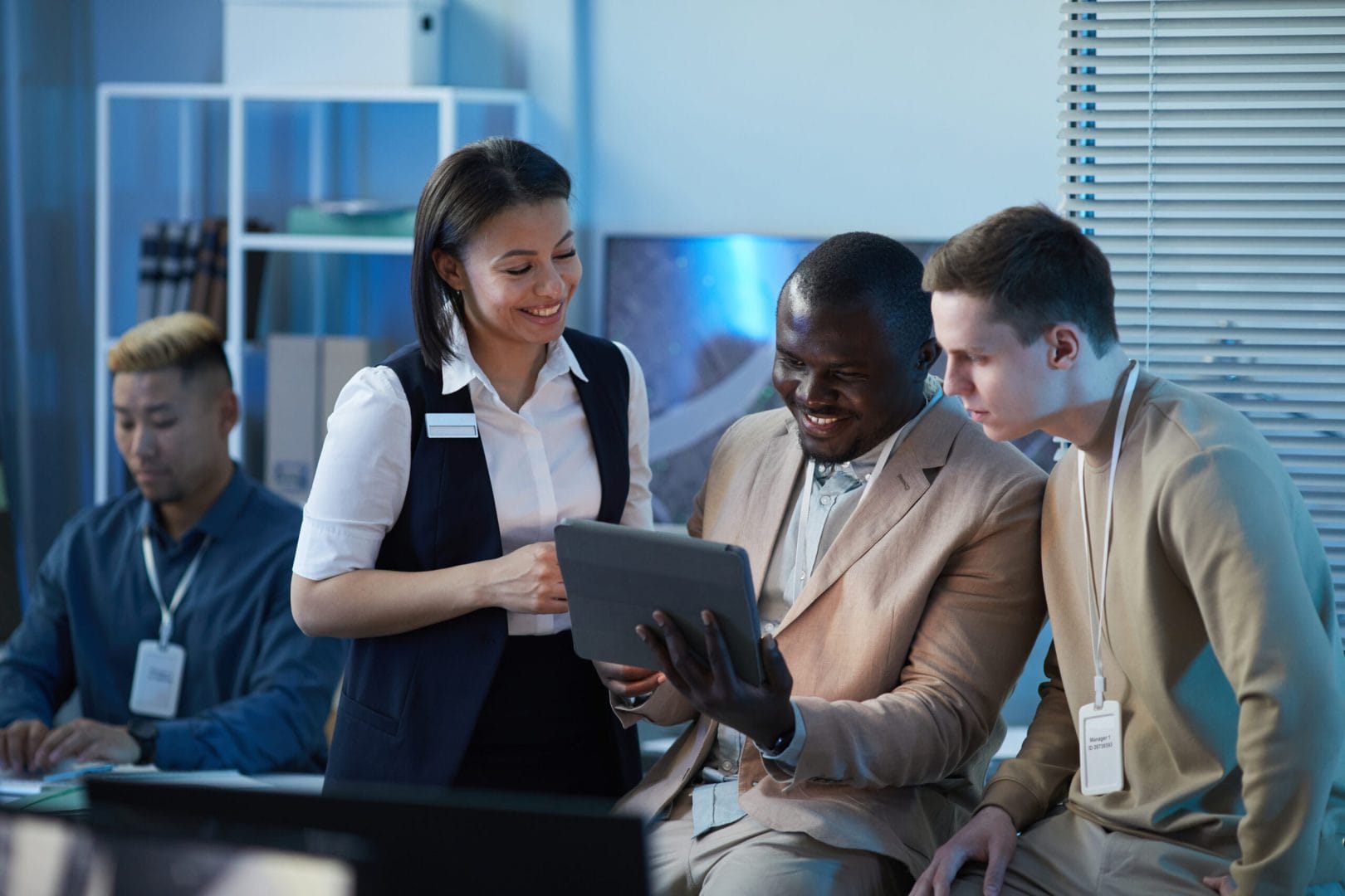 Background image diverse group people smiling in monitoring office